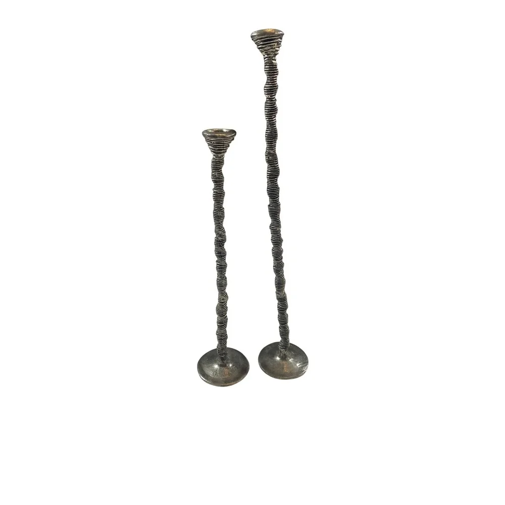 Patrick Meyer Brutalist Pewter Candlesticks Set of 2 Textured‎ Modernist Silver